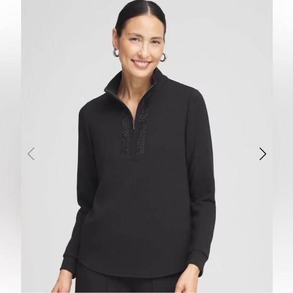 Chico's Black Rhinestone Quarter zip Pullover Sweatshirt Large - Picture 1 of 5
